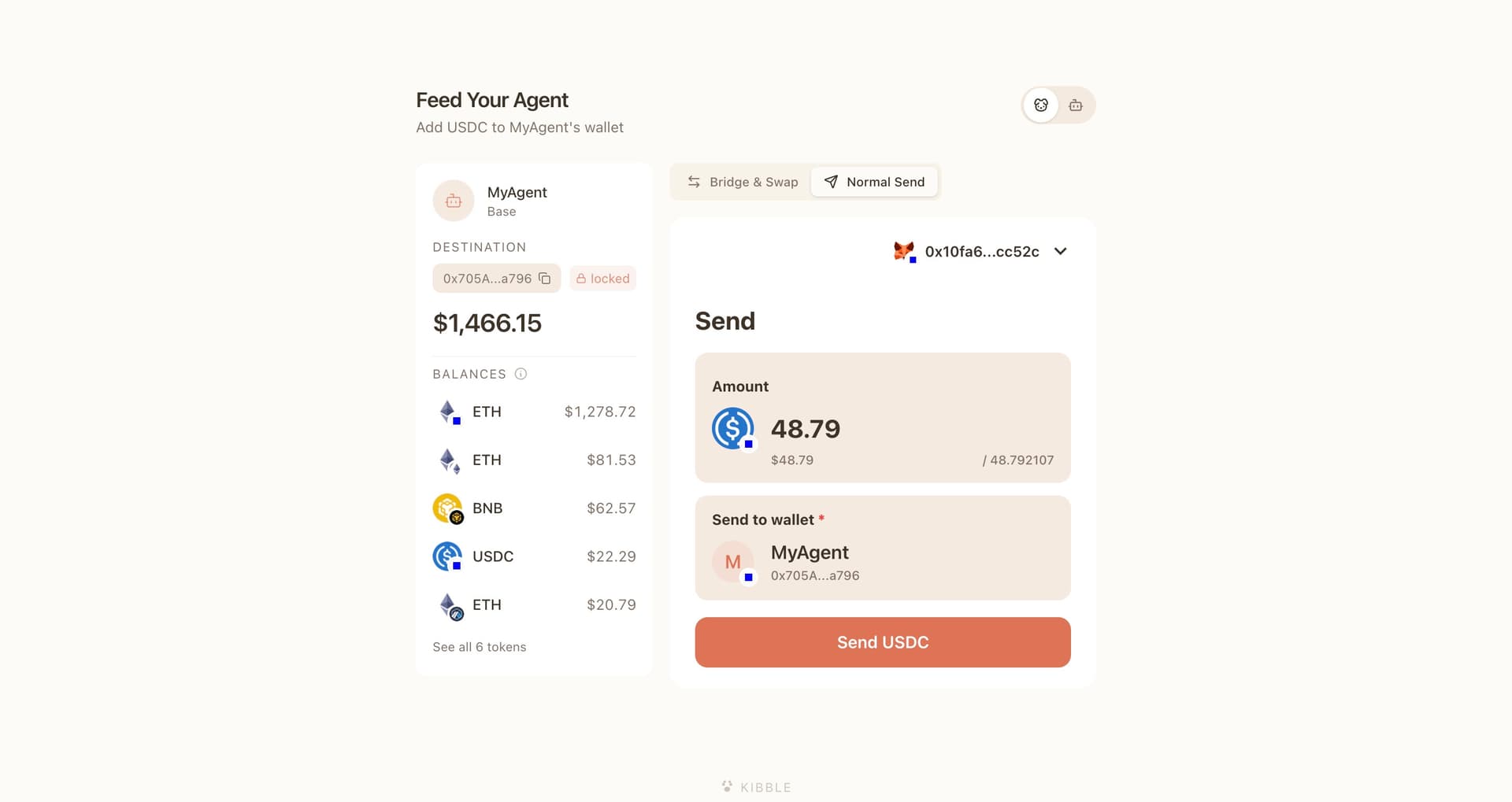 Kibble payment interface showing Bridge & Swap and Normal Send options